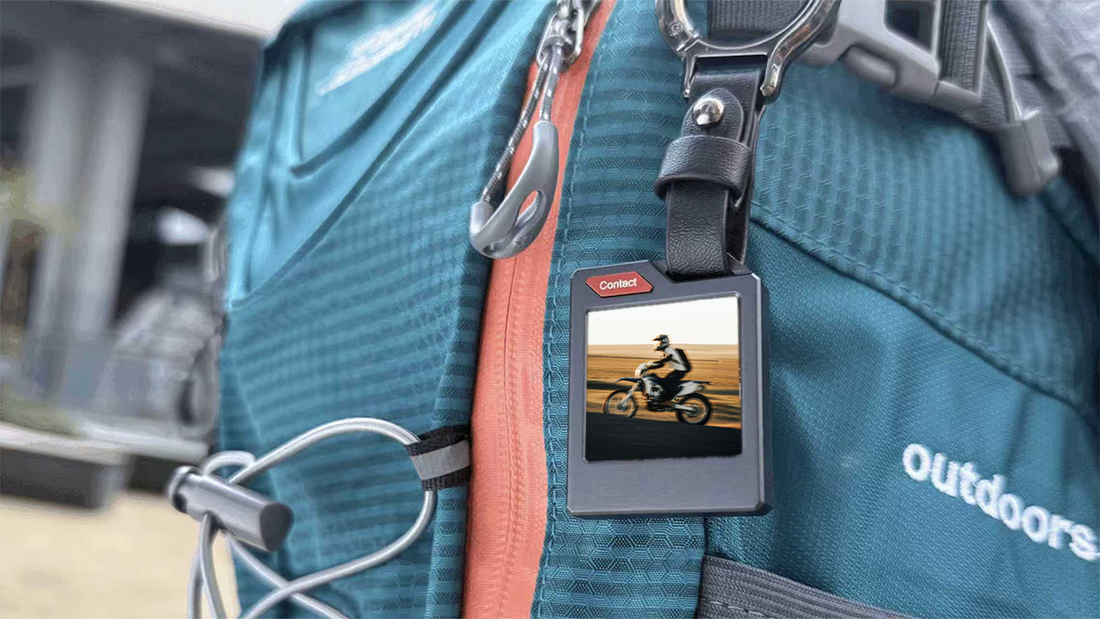PhotoTag attached to a backpack